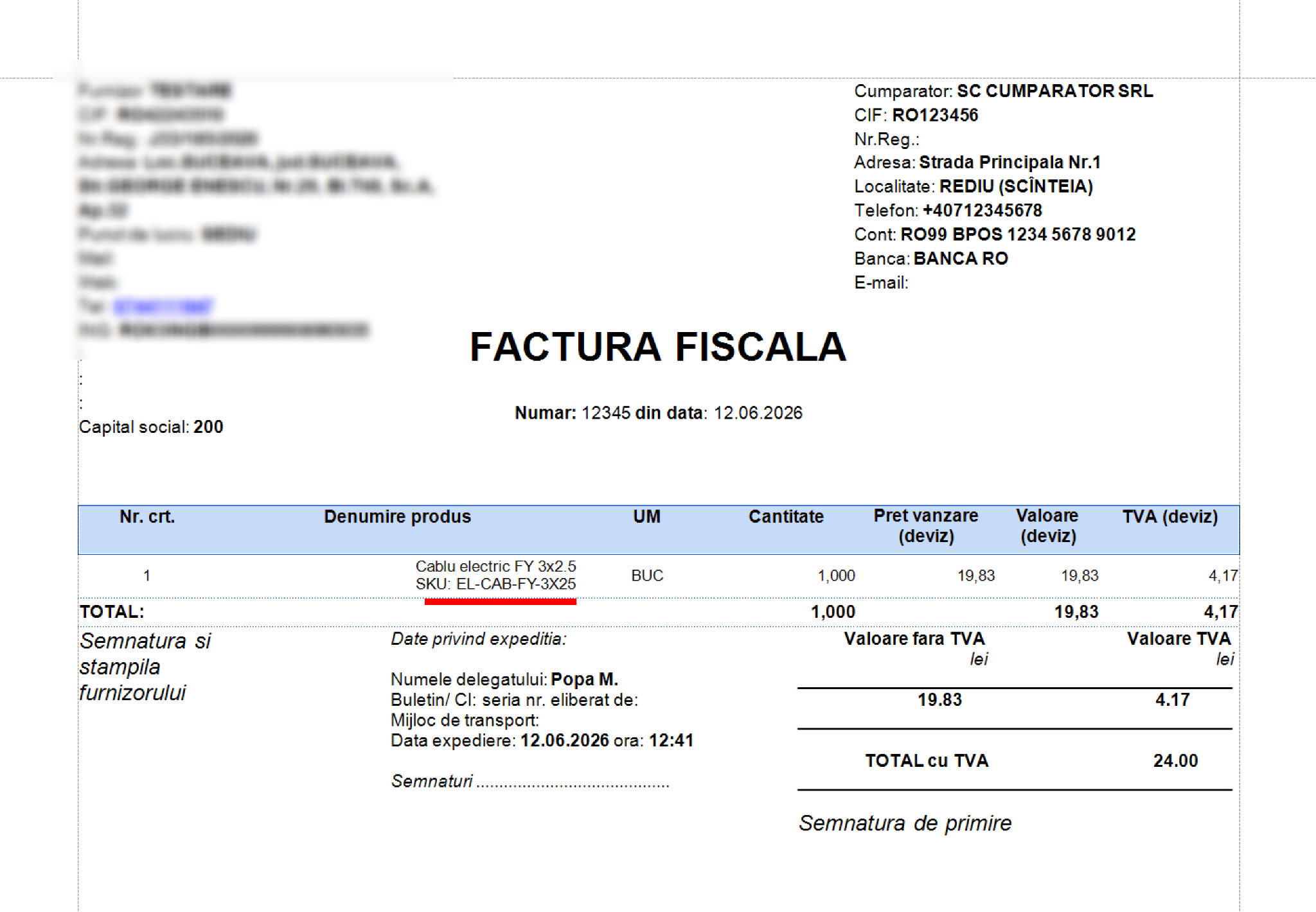 Factura client cu codul SKU afișat sub denumirea produsului